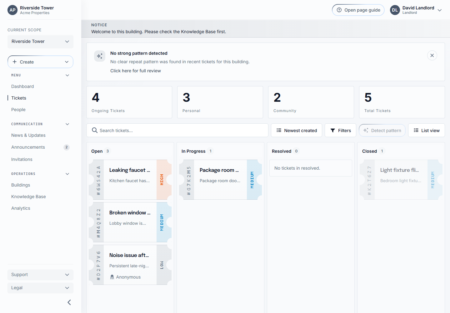 Landlord Tickets page showing assigned-building tickets and staff ticket controls