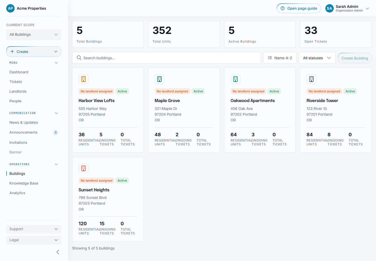 Organization Buildings page showing building cards, search, sorting, and the Create Building action