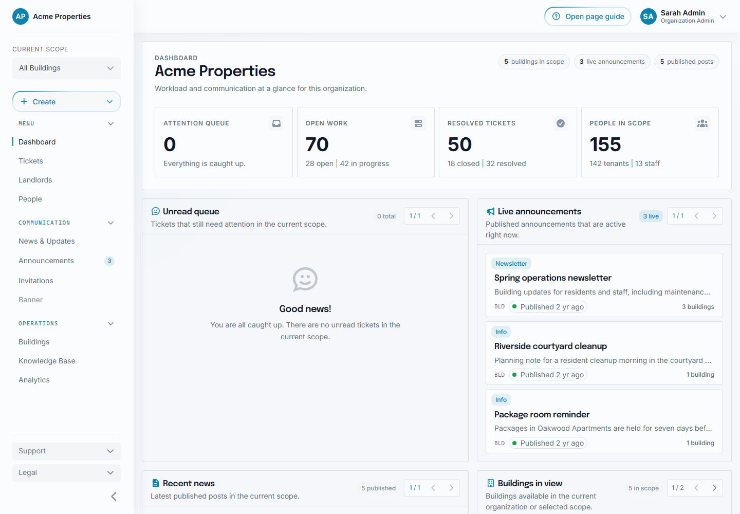 Sicket organization dashboard showing workload, live announcements, recent news, and buildings in view
