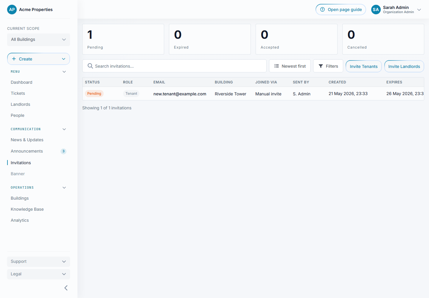 Invitations page showing tenant join requests and the invitations table