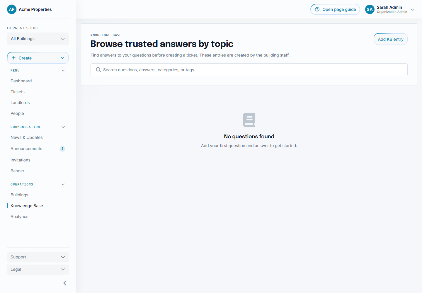 Knowledge Base page showing searchable entries and the Add Entry action