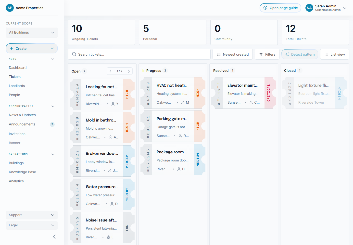 Staff Tickets page showing ticket stats, search, filters, and ticket list items