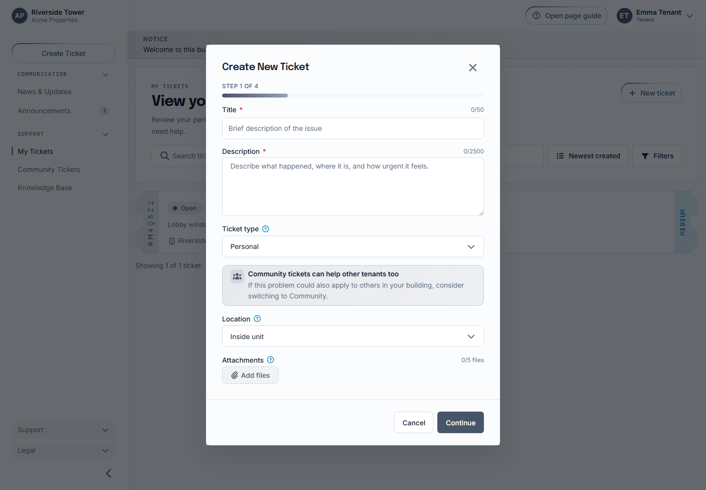 Create New Ticket modal showing title, description, ticket type, location, and attachments