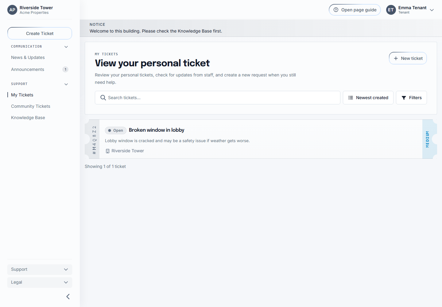 Tenant My Tickets page with the New ticket action and ticket list